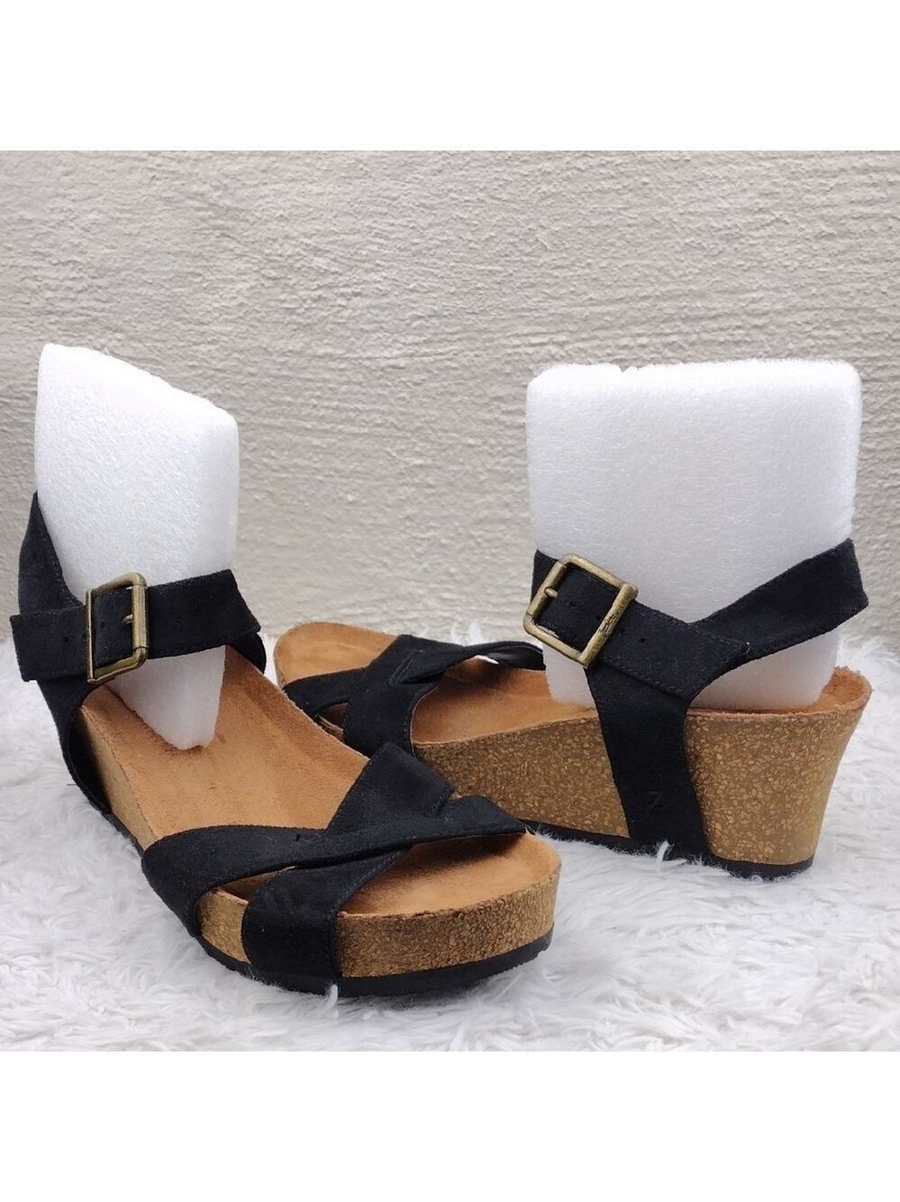 Zodiac Mabel Black Fabric Almond Toe Buckled Ankle Strap Cork Heel Sandal Shoe